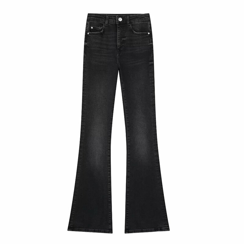 Jeans reto de cintura alta feminino, vintage, bolsos com zíper, bainha desfiada, calça jeans feminina, moda chique, novo, 2024