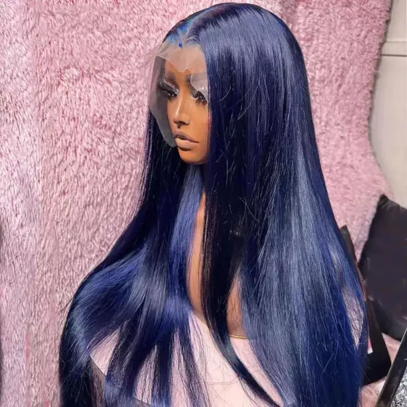 باروكة أمامية من الدانتيل الصناعي للنساء السمراوات ، شعر مستقيم طويل ، أزرق داكن ، كثافة 180%