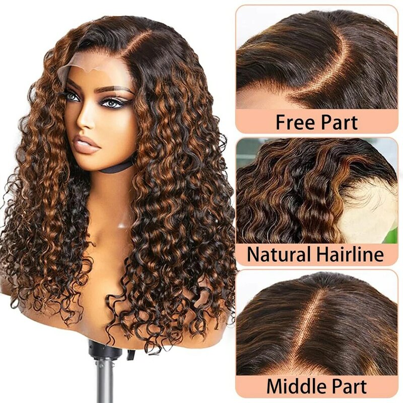 Perruque Lace Front Wig naturelle bouclée, cheveux humains, balayage ombré, noir brun 1B/30, 13x4, pre-plucked, Deep Wave