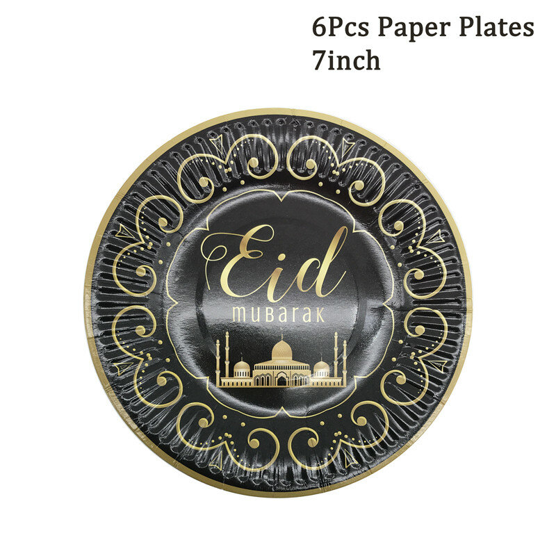 6Pcs Eid Mubarak Paper Plates Cups Ramadan Kareem Muslim Islamic Party Eid al-Fitr Disposable Tableware Ramadan Decor Supplies