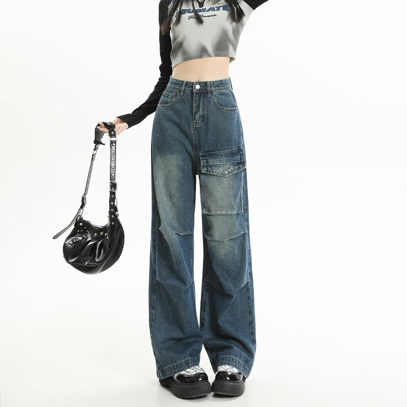 Pantalones vaqueros de pierna ancha para mujer, ropa de calle Punk, pantalones Y2k con bolsillos, cintura alta, sueltos, Harajuku, Grunge