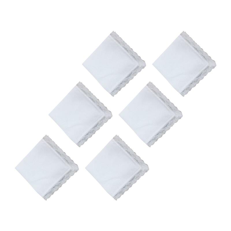 6x Pure Cotton White Handkerchiefs Chest Towel Men with Lace Edge Soft Hanky