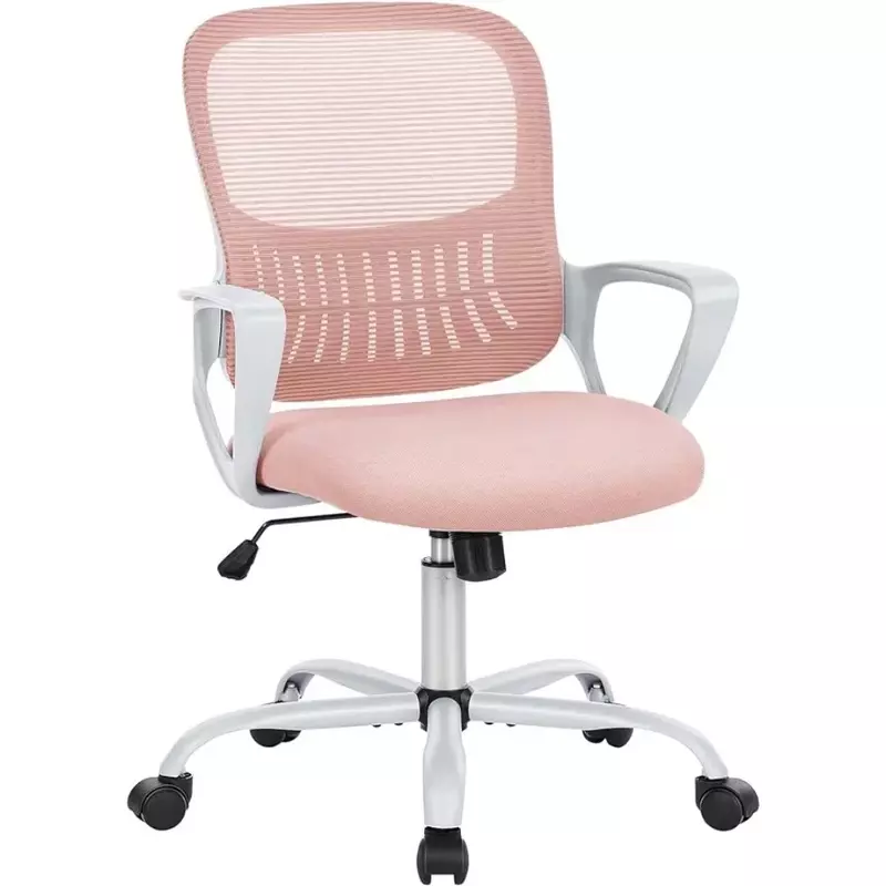 Kursi kantor, kursi kantor ergonomis tengah belakang, jaring kerja, kursi meja putar dengan roda, penopang pinggang nyaman, merah muda