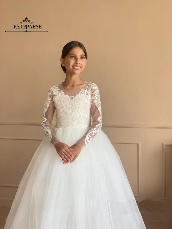 FATAPAESE สีขาวชุดแต่งงานสำหรับยาวเด็กผู้หญิงเสื้อลูกไม้ลายดอก Tulle สายชุดกับโบว์รถไฟ Appqulies งานแต่งงานแม้เด็ก