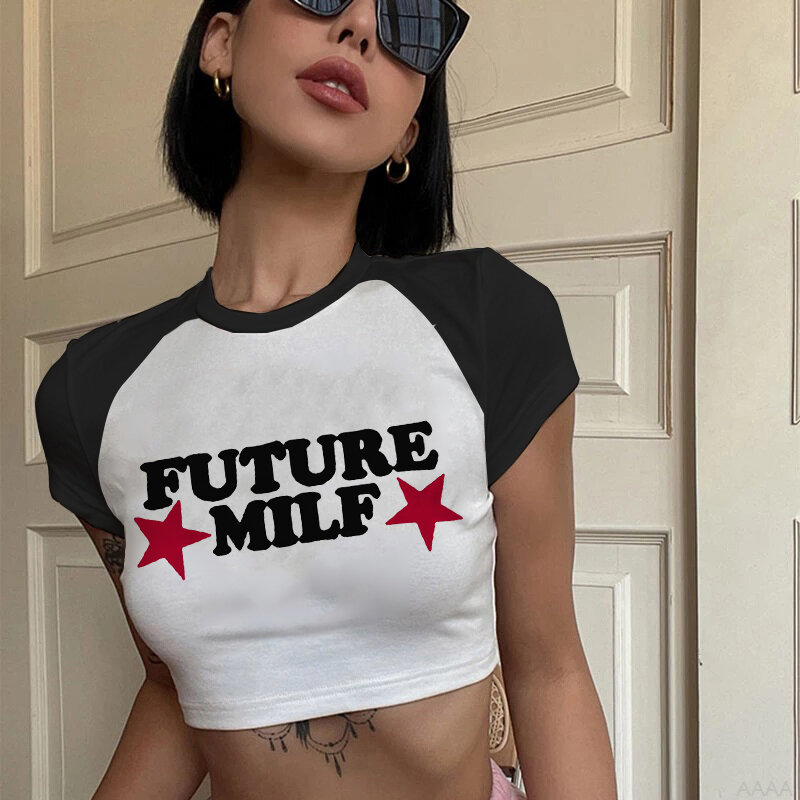 2023 Sexy T Shirts Zukunft Milf Stern Mode Frauen Crop Top Harajuku Streetwear Outfits Sommer Sexy Party Femme Y2k Frauen kleidung