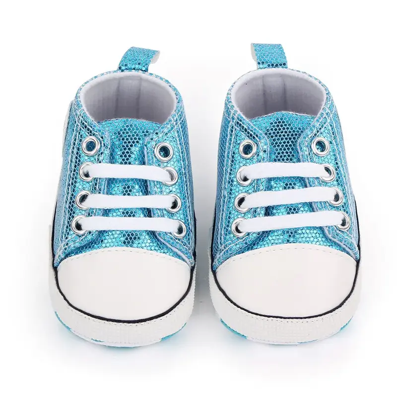 2024 Детские парусиновые кроссовки с блестками для новорожденных, повседневные разноцветные Нескользящие прогулочные туфли на мягкой подошве для маленьких мальчиков и девочек 0-18 месяцев