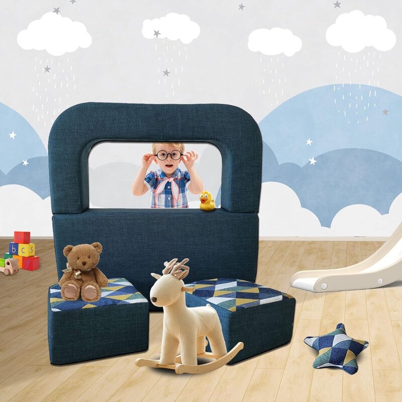 Sofá infantil conversível com espuma de memória, cama infantil, sofás infantis, mini móveis, azul escuro, 4pcs