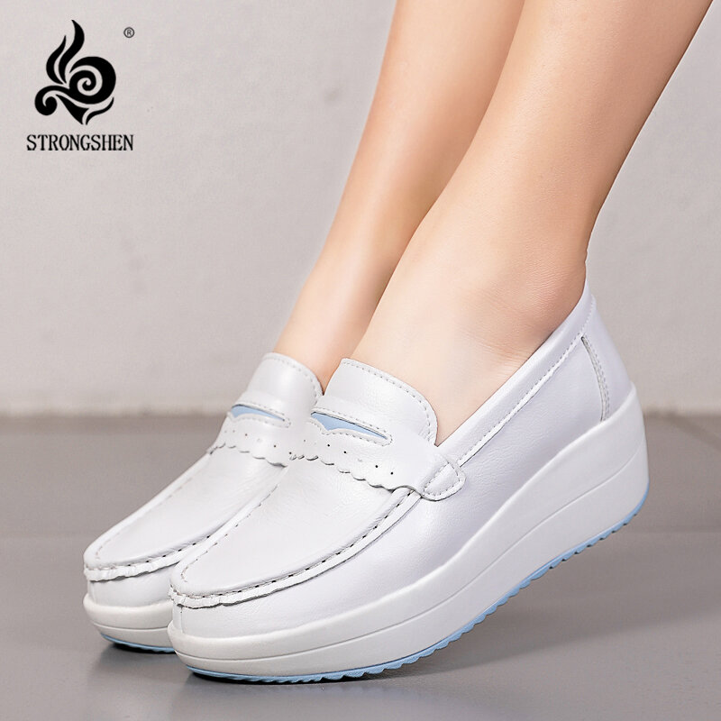 STRONGSHEN 여성용 플랫폼 웨지 캐주얼 신발 로퍼, 부드러운 간호사 작업 신발, 통기성, 편안한 미끄럼 방지, 흰색 간호 신발