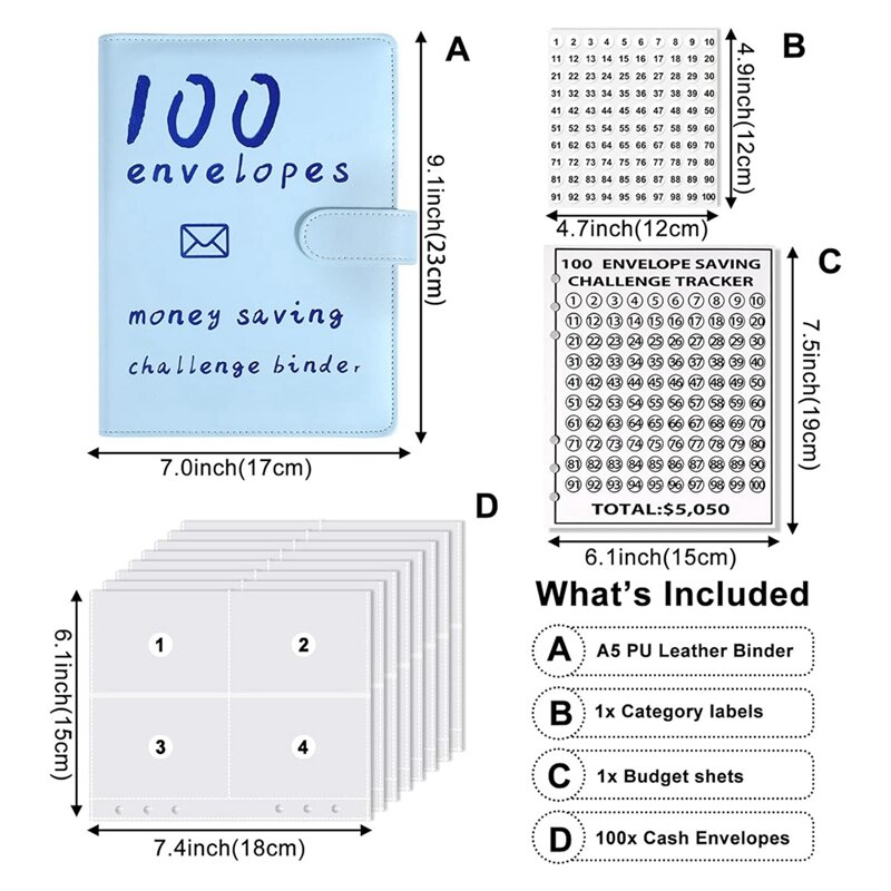 100 Envelopes Money Savings Challenges Book,Storage Budgeting Binder Budget Book Cash Saving Challenge Kit(Blue) Easy Install