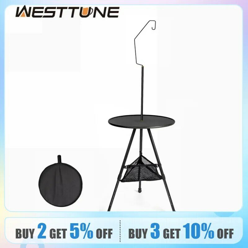 WESTTUNE Camping Round Table with Light Stand Ultralight Portable Folding Table with Adjustable Legs for Picnic Indoor/Outdoor