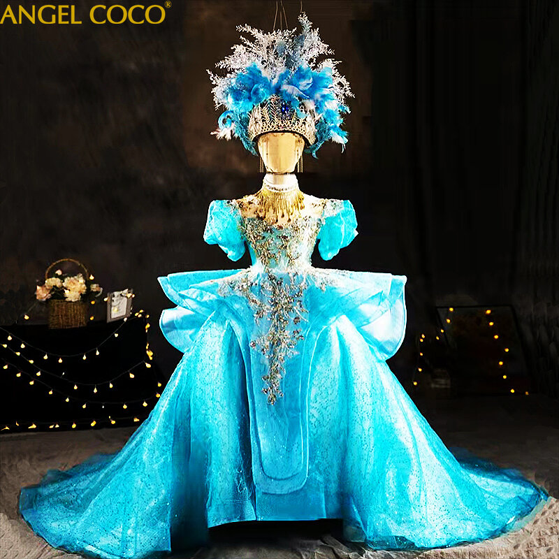 Vestidos da menina pageant headdress elegante princesa inchado vestidos de palco passarela trajes de casamento vestido de festa de formatura vestidos de luxo