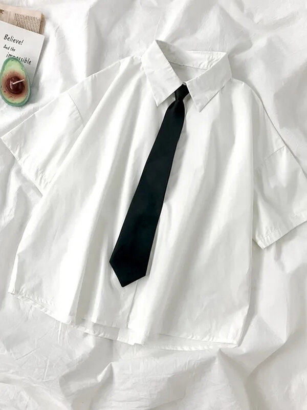 Блузка ZOKI женская с черным галстуком, модная рубашка в японском стиле преппи для студентов, однотонная Свободная блузка JK для девушек, на пуговицах, лето