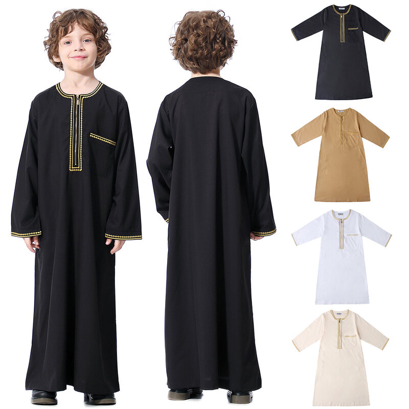 Bata musulmana de cuello redondo para niños, vestido bordado de manga larga, Abaya de Arabia Saudita, Kaftan, Jubba, Thobe, ropa islámica