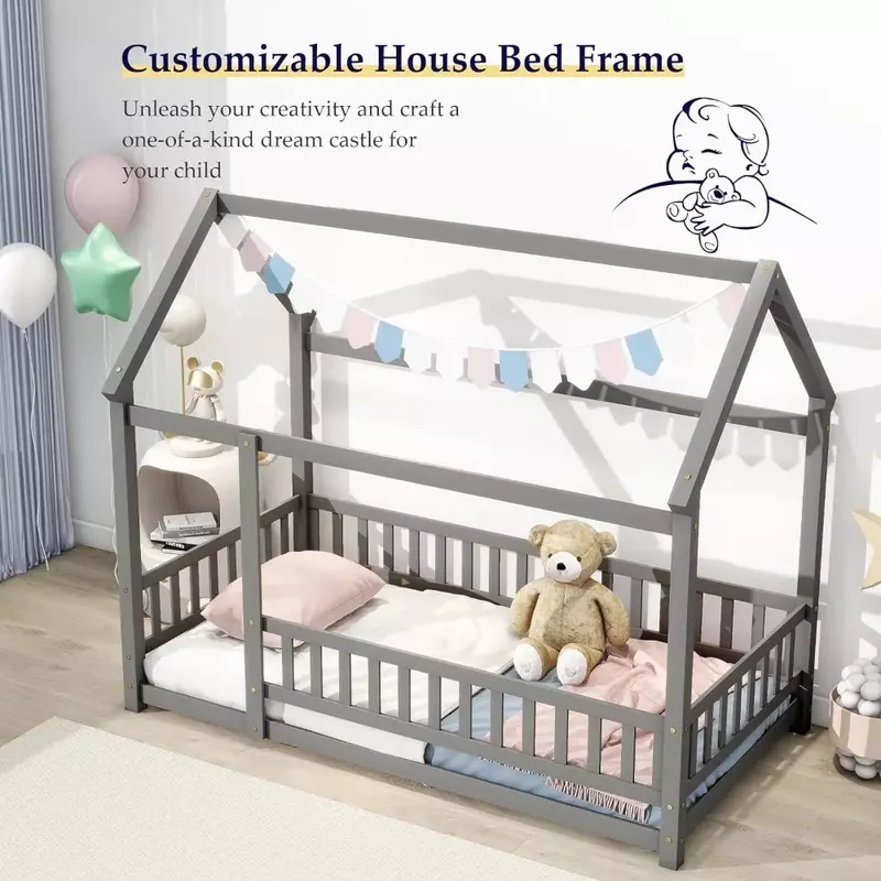 Cama doble para niños, cama de piso Montessori con reposabrazos, casa de madera, marco de cama de piso a techo con techo