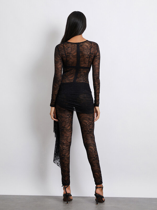 Women Sexy Long Sleeve Lace Jumpsuit See Through Crewneck Bodycon Jumpsuit  Romper Playsuit