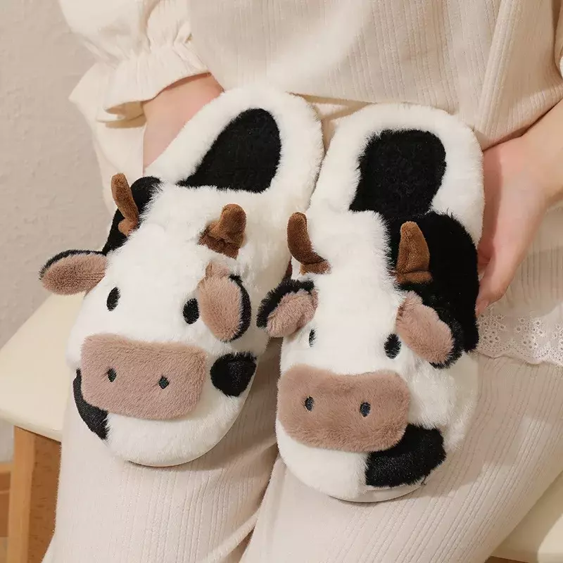 Winter Unisex Cute Cartoon Cow Warm Plush Slippers Couple's Indoor Non-slip House Slides Men Women Toe Wrap Home Cotton Shoes