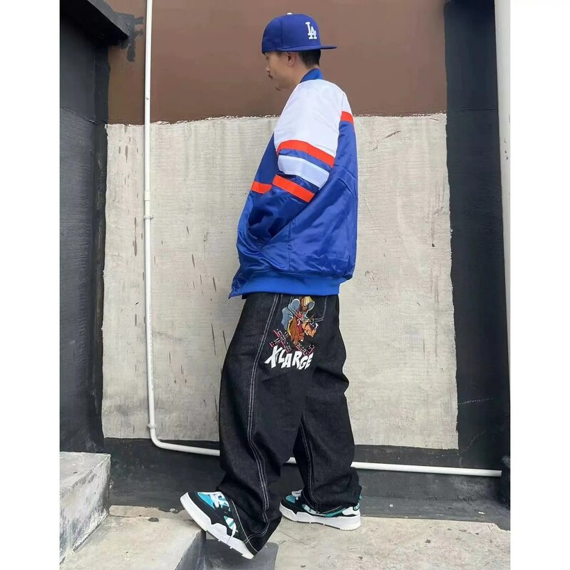 Pantalones vaqueros clásicos de hip hop para hombre, ropa de skateboard de gran tamaño, gruesa, estilo retro, bordado pesado, y2k