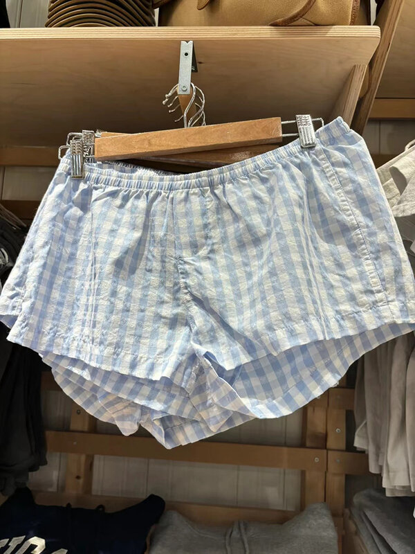 Celana pendek kasual kotak-kotak hati biru wanita celana pendek katun lurus pinggang tinggi elastis musim panas celana pendek rumah gadis manis pakaian dalam
