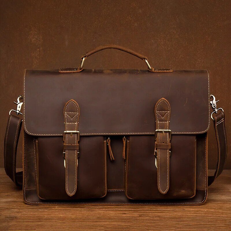 Vintage artesanal cavalo louco bolsa de couro grande capacidade maleta para homens 15 "portátil saco de trabalho saco de negócios