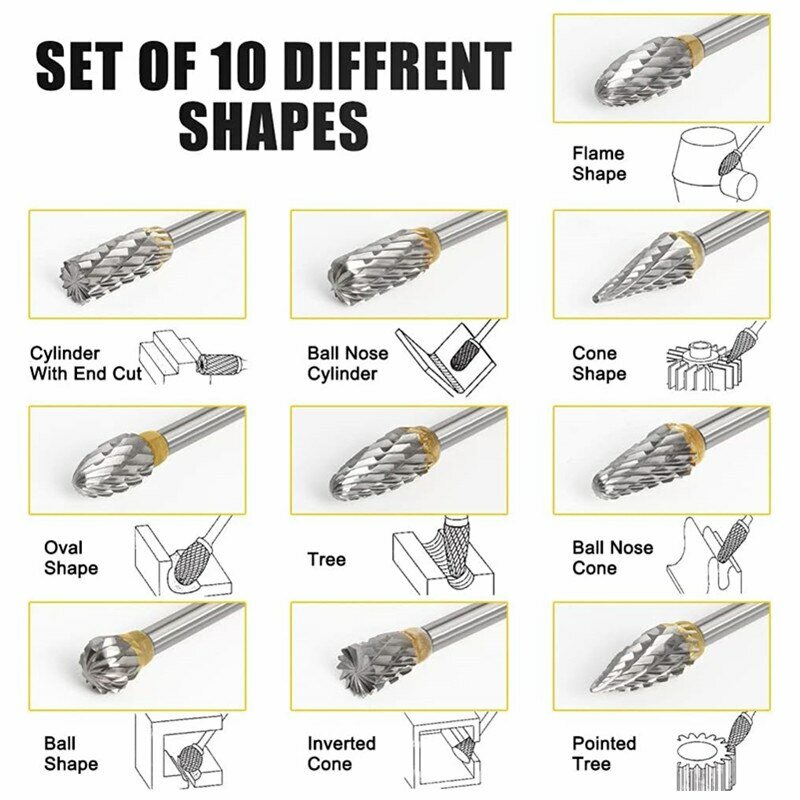 10 stücke Hartmetall-Grat-Set, Hartlegierungs-Wolfram-Stahl-Doppelschnitt-Rotationsfeilen-Fräser kopf, Holzbearbeitungs-Schleif carvin