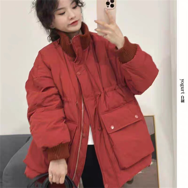 Korean Knitted Collar Loose Down Coat Women's Winter New Mid length Large Pocket White Duck Down Coat 2023