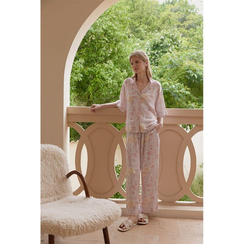 2024 Blue Backgroundfloral Print Satin Pajamas for Women Lapels Light Luxury Short Sleeve Trousers Pajama Set Viscose 2 Piece
