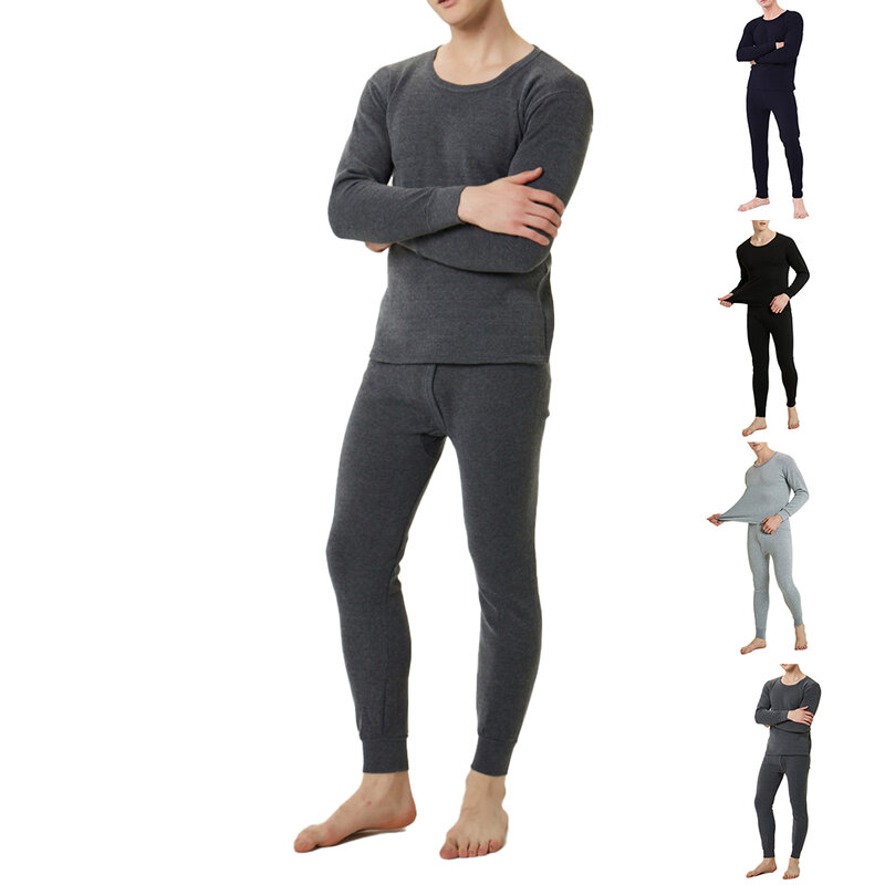 Men Winter Fleece Lined Thermal Long Johns Thick Solid Top Bottom Underwear Soft Elasticity Pajamas 2Pcs/Set Casual Homewear