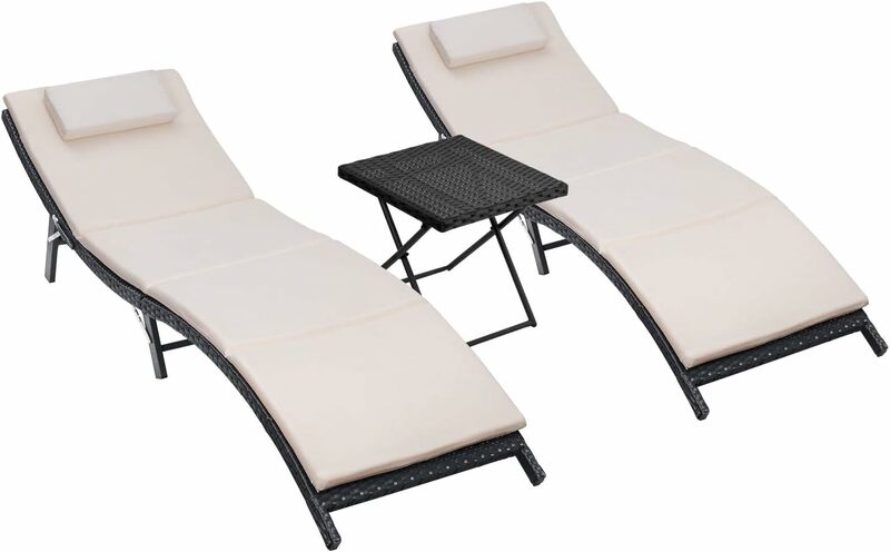 3 Pieces Patio Chaise Lounge Chair Sets Outdoor Beach Pool PE Rattan Reclining Chair with Folding Table and Cushion
