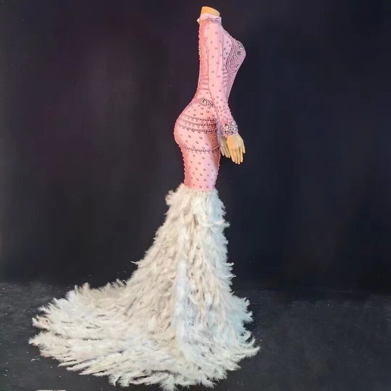 Personalizzato manica lunga piuma Streaking pizzo alta paillettes elastiche vestito attillato Sexy vestito da festa di compleanno vestito da prestazione