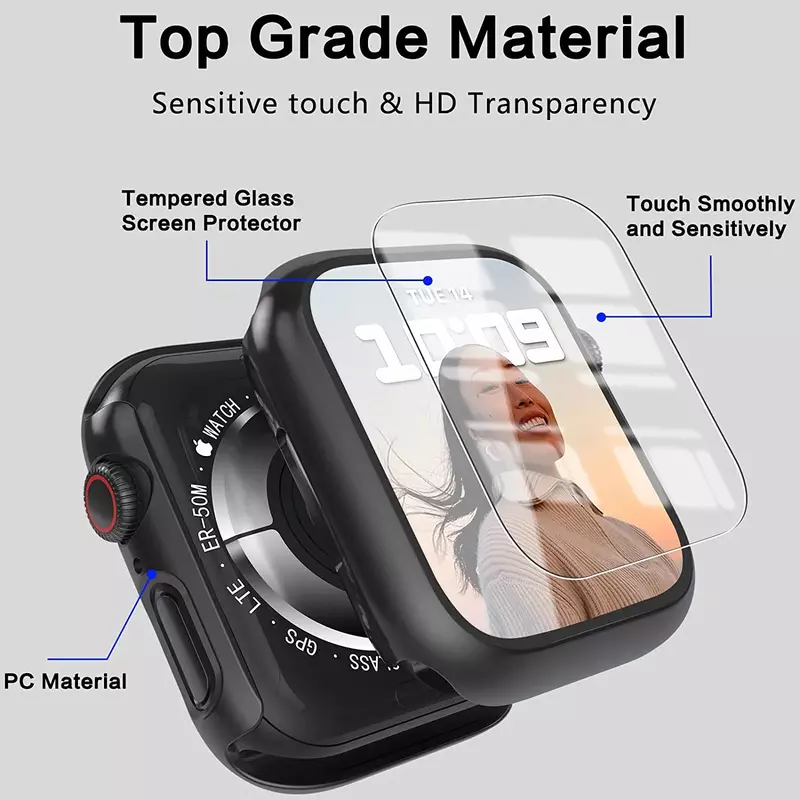 Casing untuk Apple Watch 9 8 7 45mm 41mm, casing pelindung layar kaca Tempered + penutup PC Bumper untuk Iwatch Seri 7 6 5 SE 44MM/40/42