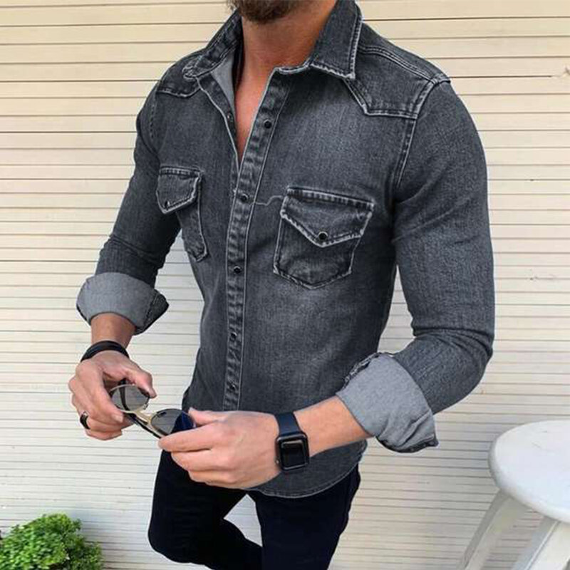 남성용 싱글 브레스티드 슬림 핏 긴팔 가슴 포켓 스냅 셔츠, 캐주얼 셔츠 상의, 남자 옷, 가을 용수철