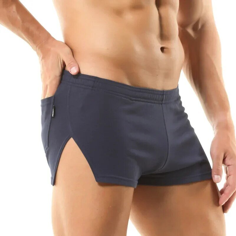 กางเกงขาสั้นบ็อกเซอร์สำหรับผู้ชายกางเกงกีฬาขาสั้นผ้าฝ้ายผ่าข้างเอวกลางระบายอากาศได้ดี