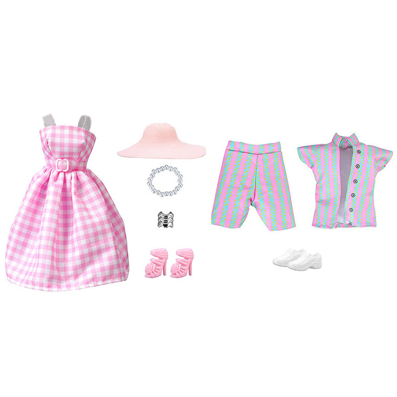 1 set pakaian boneka 11 inci 30cm, Gaun kotak-kotak celana atas payet, aksesori pakaian bergaris hadiah mainan anak perempuan