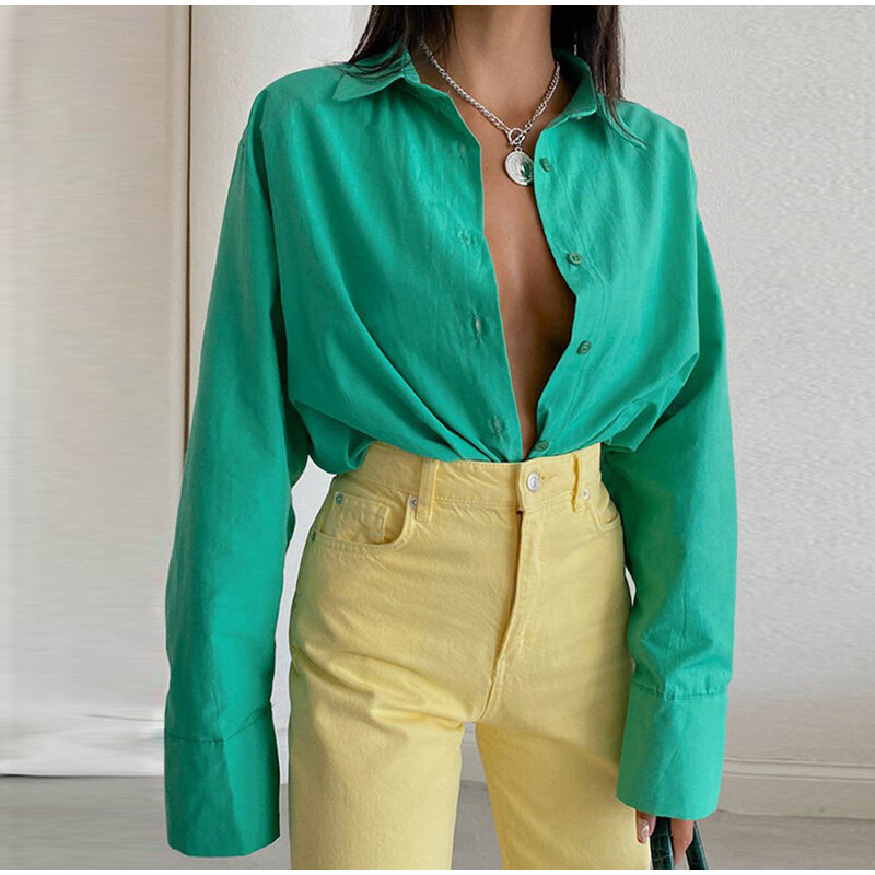 2022 Spring Office Lady Fashion Korean Loose Shirts Elegant Women Casual Solid Blouses Retro Turn Down Collar Long Sleeve Tops