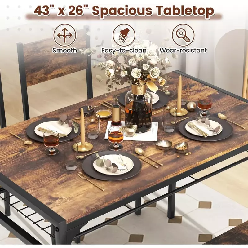 4 Pieces Dining Table Set, Kitchen Table and 2 Chairs for 4 with Bench, Storage Racks, Metal Frame & Space-saving Design