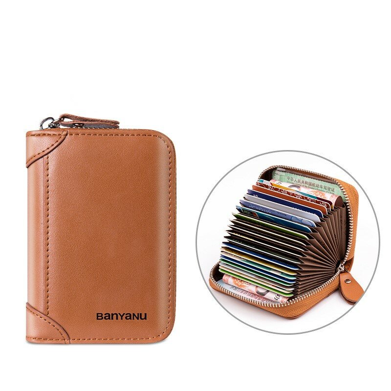 Multi-slot Cards Holder Genuine Leather Wallet For Men RFID Blocking Purse Business Bank Credit Bus ID Card Bag Cover Coin Pouch