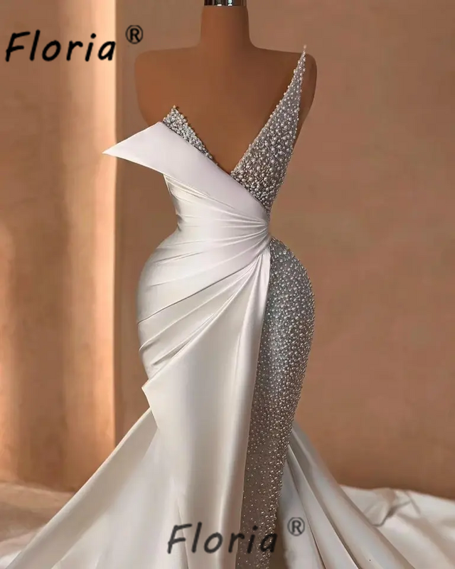 Elegante vestido de novia de satén sin mangas, cola larga de sirena con perlas y cuentas, vestidos de novia largos hechos a medida, 2024