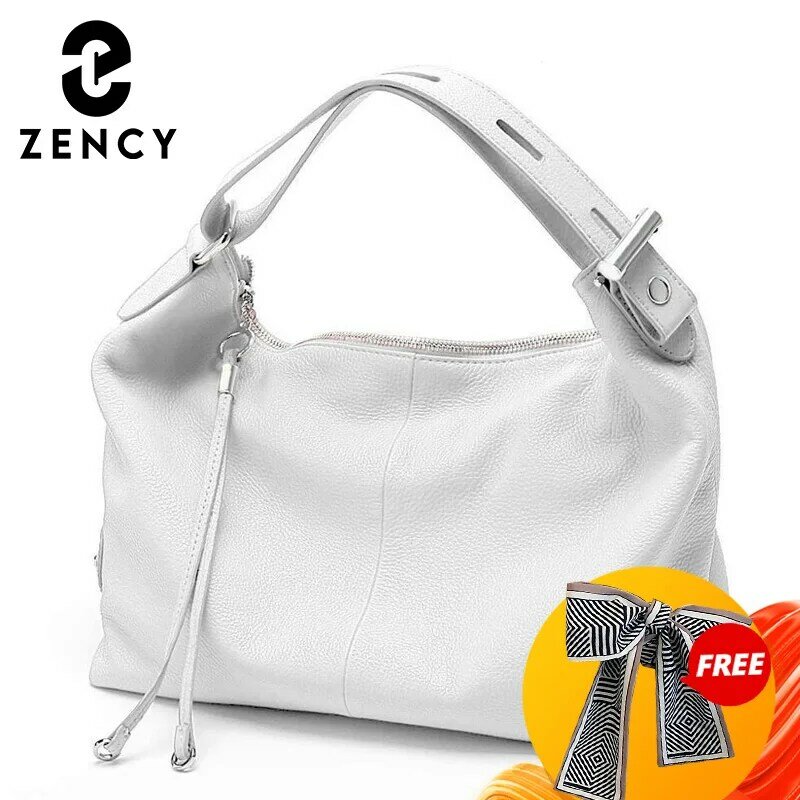 Zence tas bahu wanita besar kulit asli 100% tas tangan warna putih dengan tali lebar yang dapat disesuaikan, tas desainer tas Hobo hitam