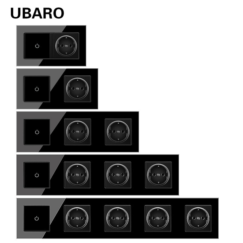 UBARO Black Tempered Glass Panel Touch Switch EU socket USB Type C TV Rj45 RJ11 Function Key Diy Combination Square Box Install