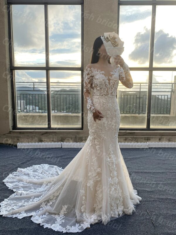 C3019M Elegant Lace Applique and Beading Mermaid Bridal Dress Wedding Dresses, Long Sleeve Illusion Lace Bride Dresses Women