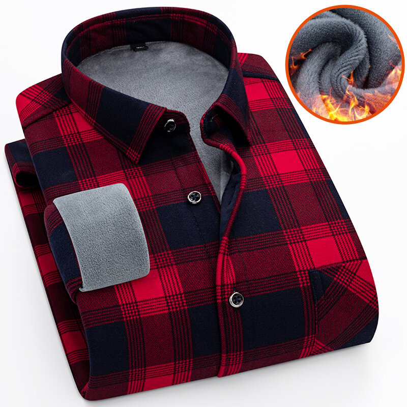 Autumn Winter Thicken Fleece Shirt Men Business Plaid Shirt Long Sleeve Warm Clothes Turn Down Collar Button Up Shirts Classic