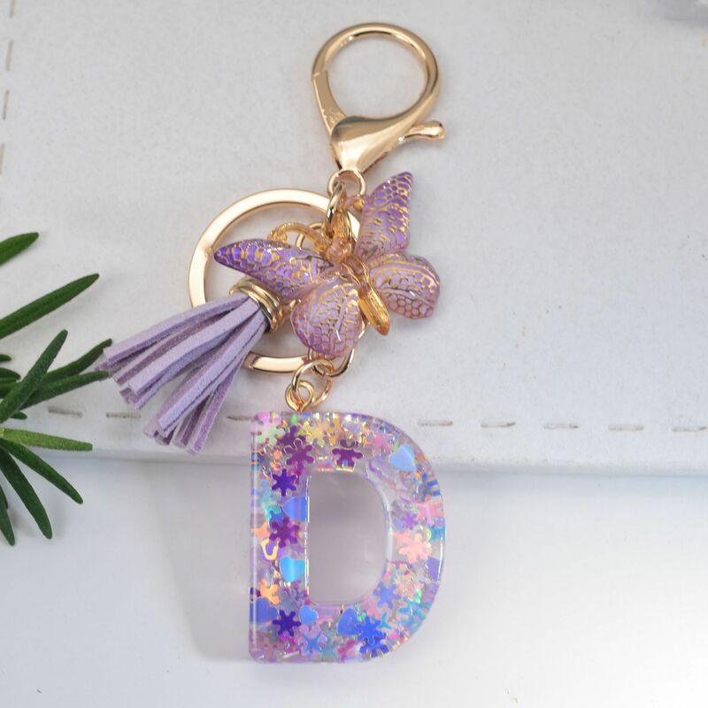 Purple Tassel Butterfly Sparkling Letter Keychain Crystal Epoxy 26 English Alphabet Pendant Charms Gift For Couple Bag Car Decor