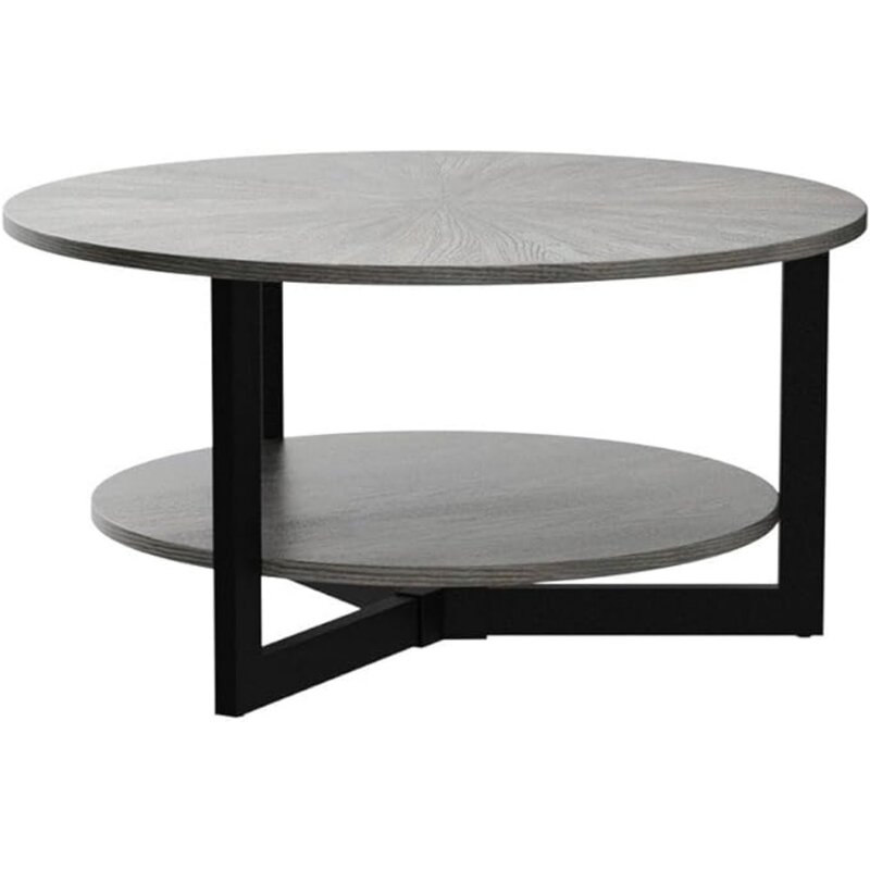 Mesa de centro redonda con estante de almacenamiento, patas de Metal, mesas de té circulares de madera maciza, mesa de centro