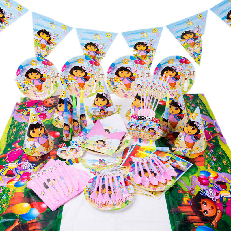Принадлежности для дня рождения Dora the Explorer, украшение для вечеринки, одноразовая посуда для вечеринки, бумажная тарелка, принадлежности для украшения Дора