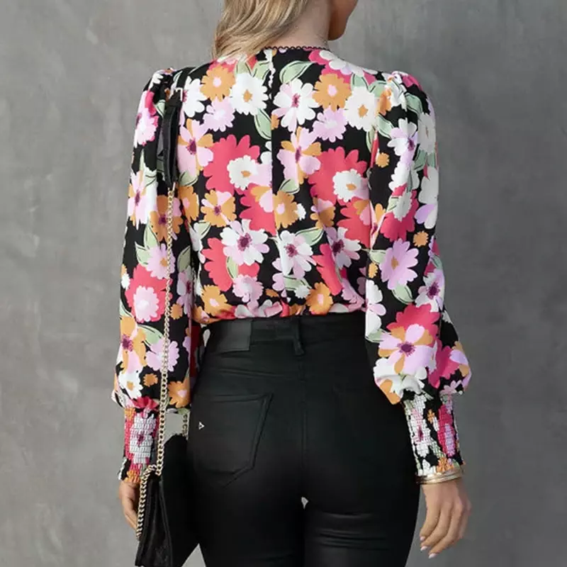 Fashion Floral Printed Long Sleeve Tops Vintage Lace-up Patchwork Office Lady Shirt Casual V-neck Blouse Blusas Femininas 29597