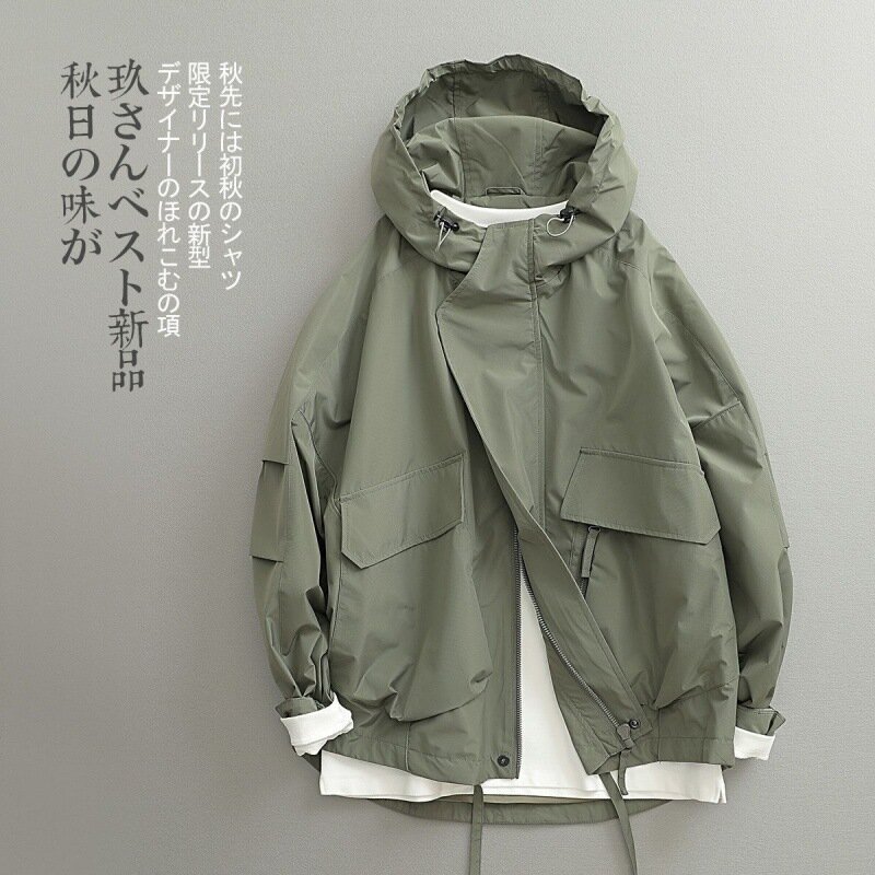 Jaqueta japonesa Windbreak masculina, moda vintage, capuz tridimensional, casaco solto masculino, jaqueta bomber, roupas de homem, primavera, outono