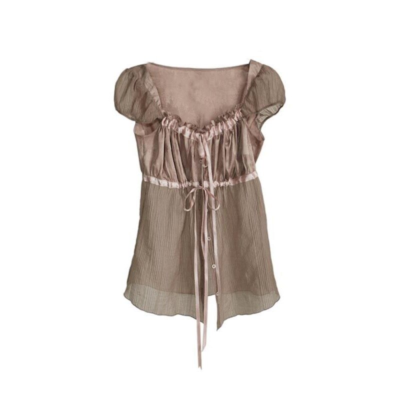 QWEEK Y2k, винтажная прозрачная блузка на шнуровке, Женская Кокетка, рубашка с квадратным воротником, женская летняя модная уличная одежда в стиле Харадзюку