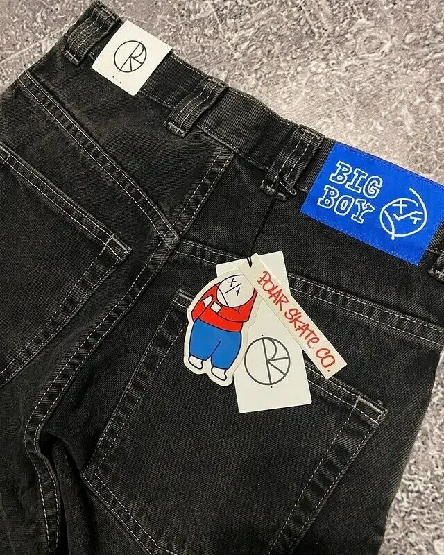 Harajuku Hip Hop Cartoon ricamo grafico Jeans larghi Jeans ragazzo grande Y2K pantaloni neri uomo donna nuovi pantaloni larghi a vita alta