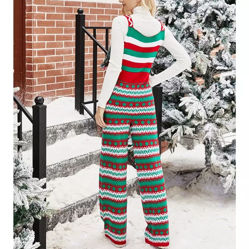 Fall Winter Women Trendy Letters Snowflake Christmas Knitted Rompers Casual Streetwear Sleeveless Patchwork High Waist Jumpsuits