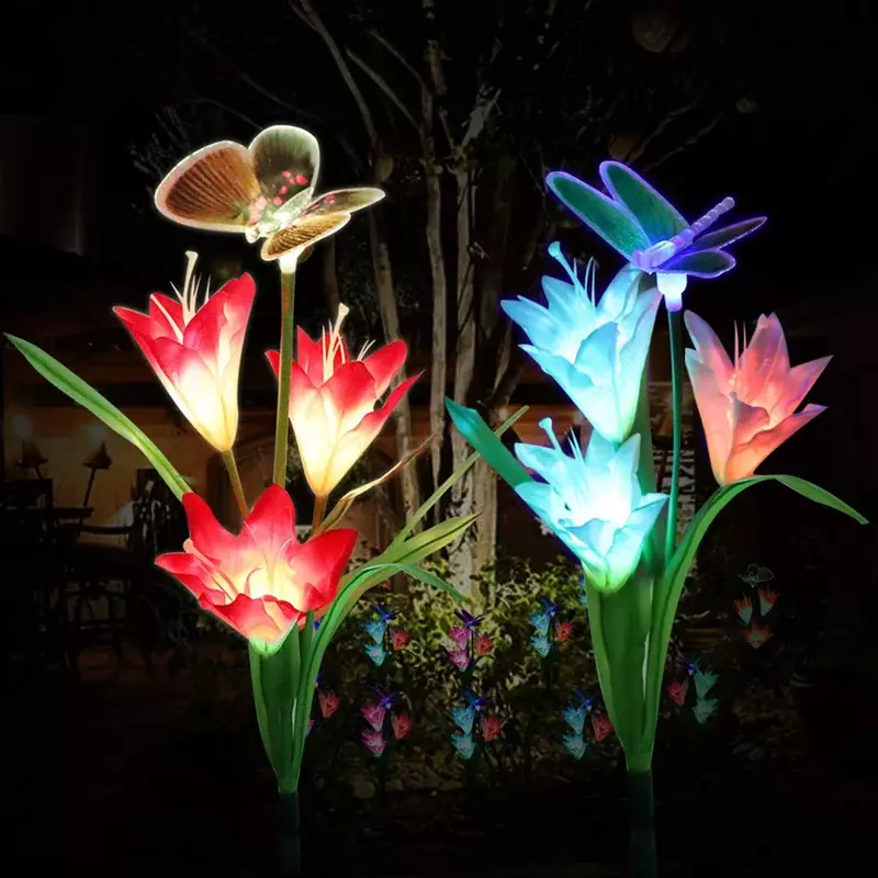 Lámpara Led Solar de 3 cabezales para jardín, iluminación de lirio, flor, mariposa, Libélula, 7 colores cambiantes, luz de rosa, lámpara de césped, decoración de paisaje